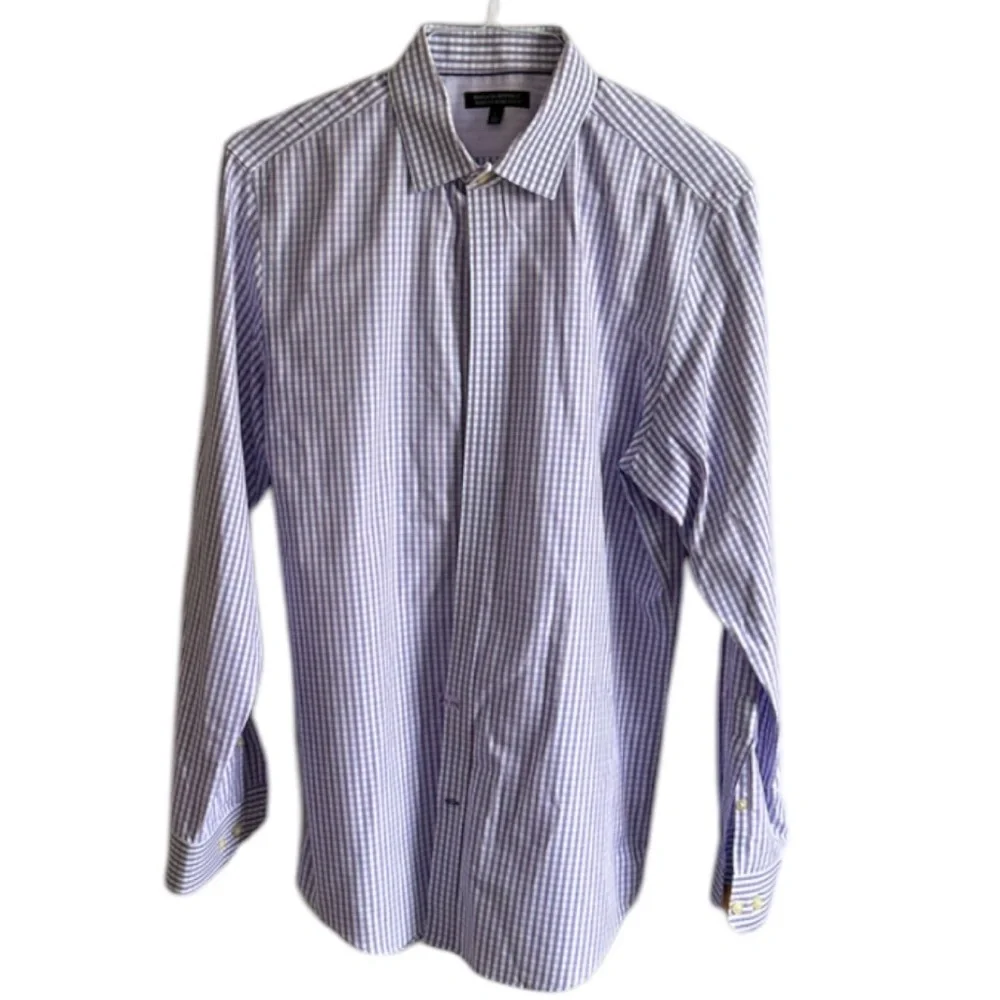 Banana Republic Men Large Non-Iron Slim Fit Long Sleeve Purple Blue Check Shirt